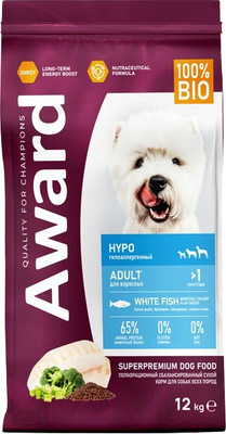 Сухой корм для собак Award Hypo д/взр. собак с белой рыбой с добавл. брокколи, сельдерея (12кг)