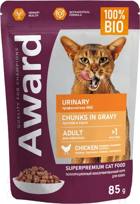 Влажный корм для кошек Award Urinary для взрослых кошек кусочки в соусе с курицей (85г)