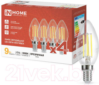 Лампа INhome LED-Свеча-deco 9Вт 230В Е14 3000К 1040Лм / 4690612052540 (4шт)