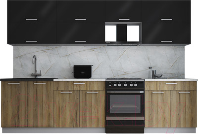 Кухонный гарнитур Interline Мила Gloss 60-30 (черный глянец/дуб вотан/травертин серый)
