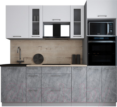 Кухонный гарнитур Интерлиния Мила Gloss 2.4 (белый/керамика/травертин серый)