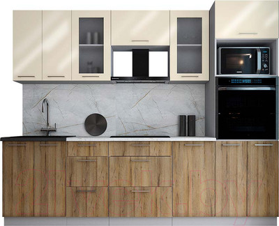 Кухонный гарнитур Интерлиния Мила Gloss 2.6 (ваниль глянец/дуб вотан/травертин серый)