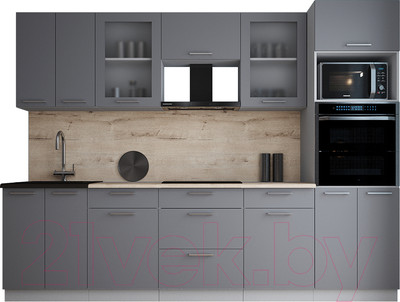 Кухонный гарнитур Interline Мила Gloss 2.8 (серый/серый/травертин серый)