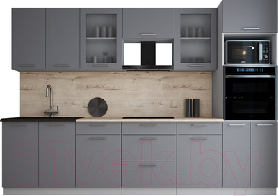 Кухонный гарнитур Интерлиния Мила Gloss 3.0 (серый/серый/травертин серый)