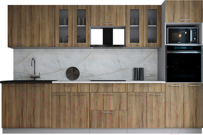Кухонный гарнитур Interline Мила Gloss 3.2 (дуб вотан/дуб вотан/травертин серый)