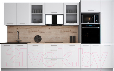 Кухонный гарнитур Интерлиния Мила Gloss 3.4 (белый/белый/травертин серый)