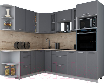 Кухонный гарнитур Интерлиния Мила Gloss 1.88x2.4 левая (серый/серый/травертин серый)