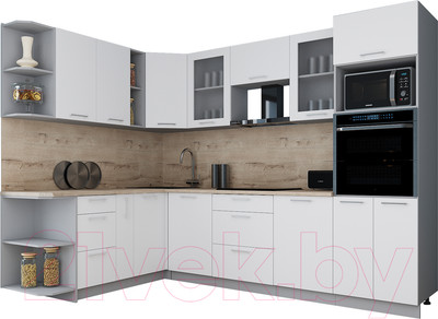 Кухонный гарнитур Интерлиния Мила Gloss 1.88x2.8 левая (белый/белый/травертин серый)