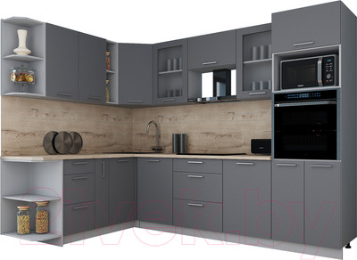Кухонный гарнитур Интерлиния Мила Gloss 1.88x2.8 левая (серый/серый/травертин серый)