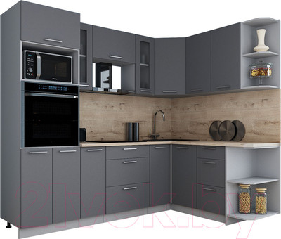 Кухонный гарнитур Интерлиния Мила Gloss 1.68x2.4 правая (серый/серый/травертин серый)
