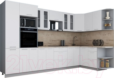 Кухонный гарнитур Интерлиния Мила Gloss 1.68x3.4 правая (белый/белый/травертин серый)