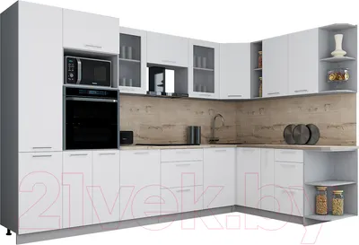 Кухонный гарнитур Interline Мила Gloss 1.88x3.2 правая (белый/белый/травертин серый)