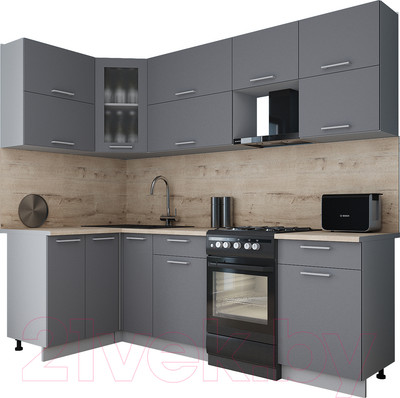 Кухонный гарнитур Интерлиния Мила Gloss 50-12x24 (серый/серый/травертин серый)