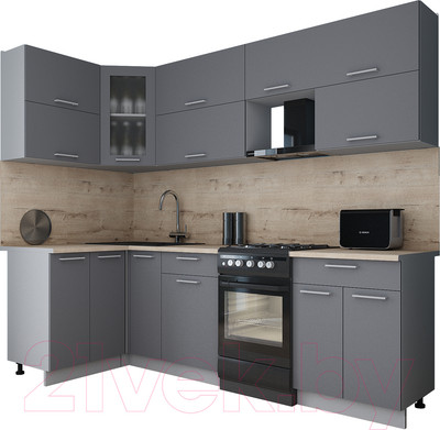 Кухонный гарнитур Интерлиния Мила Gloss 50-12x25 (серый/серый/травертин серый)