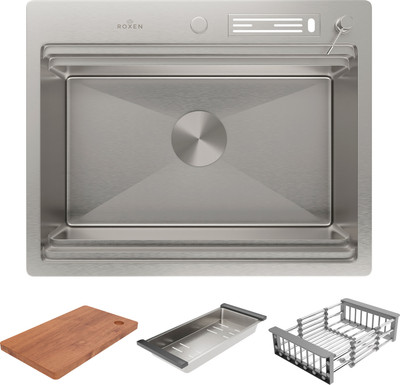 Мойка кухонная Roxen Stage 560250-60 с коландером и дозатором (сатин, с держателем для ножей и разделочной доской)