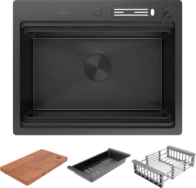 Мойка кухонная Roxen Stage 560250-60B PVD с коландером и дозатором (оружейная сталь, с держателем для ножей и разделочной доской)