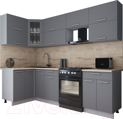 Кухонный гарнитур Интерлиния Мила Gloss 60-12x26 (серый/серый/травертин серый)