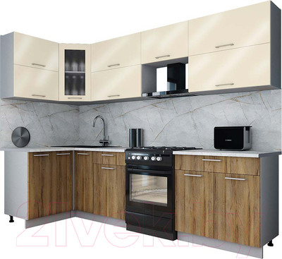 Кухонный гарнитур Interline Мила Gloss 60-12x28 (ваниль глянец/дуб вотан/травертин серый)