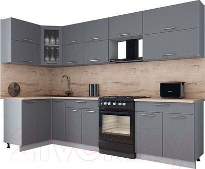 Кухонный гарнитур Интерлиния Мила Gloss 60-12x30 (серый/серый/травертин серый)