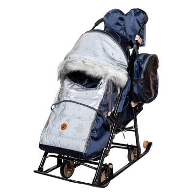 Санки-коляска GalaXy Glory Gloss (сатин темно-синий/светоотражающая ткань)