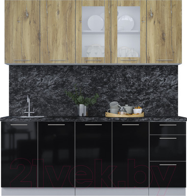Кухонный гарнитур Интерлиния Мила Пластик 2.0 Б (дуб эпоксид/черный/кастилло темный)