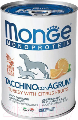 Влажный корм для собак Monge Dog Natural Monoprotein Fruits индейка с рисом и цитрусовыми (400г)