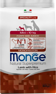 Сухой корм для собак Monge Dog Speciality Line Monoprotein Mini ягненок с рисом (800г)