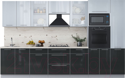 Кухонный гарнитур Интерлиния Мила Пластик 3.4 ВТ (туманный глянец/антрацит/бискайская сосна)