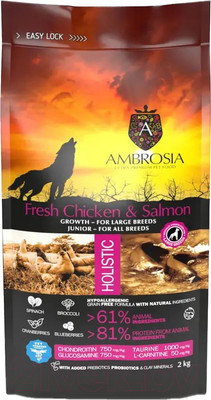 Сухой корм для собак Ambrosia Grain Free для щенков крупных пород курица и лосось / U/ACSL2 (2кг)