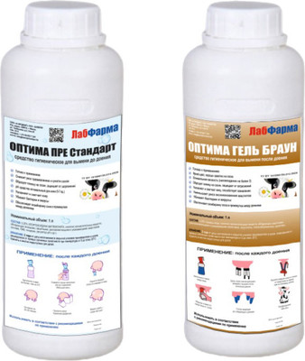 Средство для обработки вымени животных Лабфарма Оптима Пре Стандарт до доения+Оптима Гель Браун после доения (1л+1л)