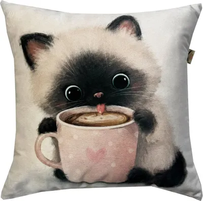 Подушка декоративная MATEX Fluffy. Котик и кофеек / 62-356 (молочный/бирюзовый/коричневый)