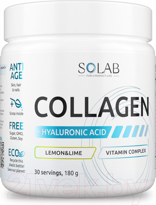 Коллаген SOLAB С гиалуроновой кислотой и витамином С (30 порций, 180г,  лимон/лайм)