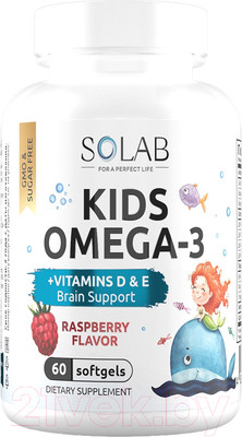 Мультивитаминный комплекс SOLAB Детский с витаминами D, E и Omega-3 (60 капсул, малина и травы)