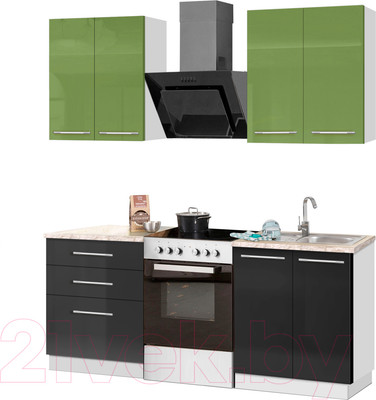 Кухонный гарнитур Кастанье Мила 1.2 (зеленый глянец/черный глянец)