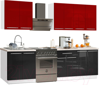 Кухонный гарнитур Кастанье Мила 2.2 (красный китайский глянец/черный глянец)