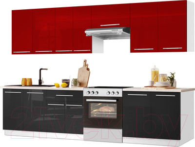 Кухонный гарнитур Кастанье Мила 2.8 (красный китайский глянец/черный глянец)