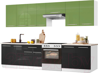 Кухонный гарнитур Кастанье Мила 2.8 (зеленый глянец/черный глянец)