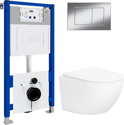 Унитаз подвесной с инсталляцией Lauter Sulzdorf + 21901001 (белый с микролифтом и кнопкой смыва 219701J хром)