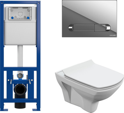 Унитаз подвесной с инсталляцией Cersanit Carina New Clean On с инстал. Link Pro (с кнопкой Estetica 64110 хром глянцевый)