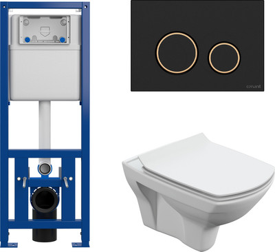 Унитаз подвесной с инсталляцией Cersanit Carina New Clean On с инстал. Link Pro (с кнопкой Twins 63534 черный/золото)