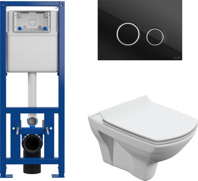 Унитаз подвесной с инсталляцией Cersanit Carina New Clean On с инстал. Link Pro (с кнопкой Twins 64117 стекло черный)