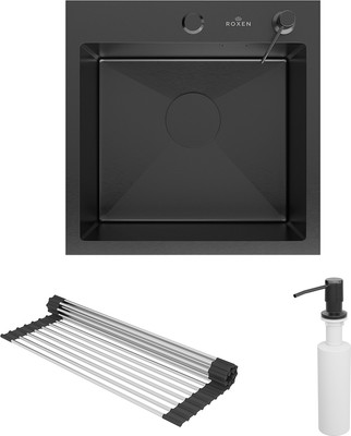 Мойка кухонная Roxen Simple 560220-45B PVD с ролл-матом и дозатором (графит)