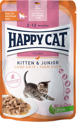 Влажный корм для кошек Happy Cat Kitten & Junior Land Ente утка (85г)