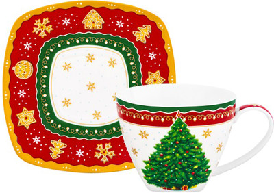 Чашка с блюдцем Elan Gallery Новогодняя елка / 420733 (красный узор)
