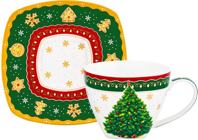 Чашка с блюдцем Elan Gallery Новогодняя елка / 420734 (зеленый узор)