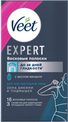 Восковые полоски Veet Expert для чувствительной кожи бикини и подмышек (16шт)