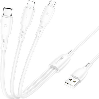 Кабель Borofone BX71 3в1 Lightning+Micro+Type-C (1м, белый)