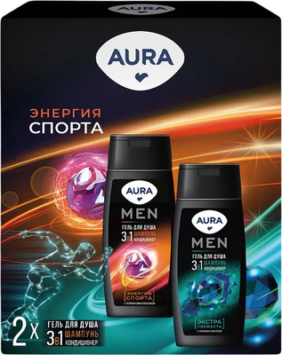 Набор косметики для тела Aura Men Гель для душа Энергия спорта 3в1+Экстрасвежесть 3в1 (2x250мл)