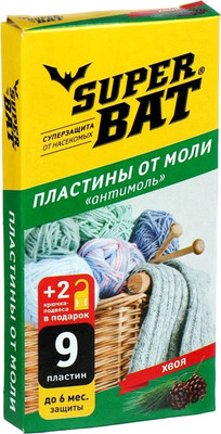 Антимоль Super Bat Пластины Хвоя + 2 крючка / SBAT03002 (9шт)