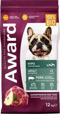 Сухой корм для собак Award Adult Hypo со свининой с добавлением брусники / 2543561 (12кг)